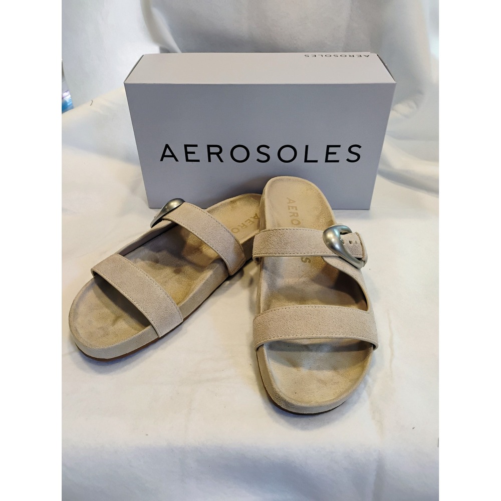 Aerosoles‎ Lemon Flatform Slide Sandals Stone Suede Buckle Women Size 11M New